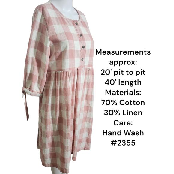 Hidden Alley Pink White Plaid Cottagecore Prairie Dress Short Tie Sleeve Maxi - Picture 3 of 10